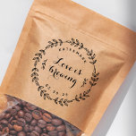 Laurel Wreath Love is Brewing Wedding Favour Rubber Stamp<br><div class="desc">Custom-designed wedding favour stamp featuring "Love is Brewing" encircled in hand-drawn laurel wreath. Personalize with bride and groom/couple's names and wedding date for a touch of style on wedding coffee grounds/beans or tea favours and gifts.</div>