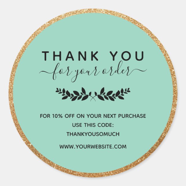 Laurel Wreath Mint Faux Gold Thank You For Order Classic Round Sticker (Front)