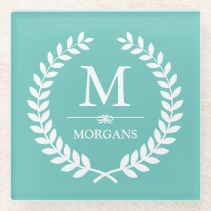 Laurel Wreath Monogram Chic Teal Blue Glass Coaster