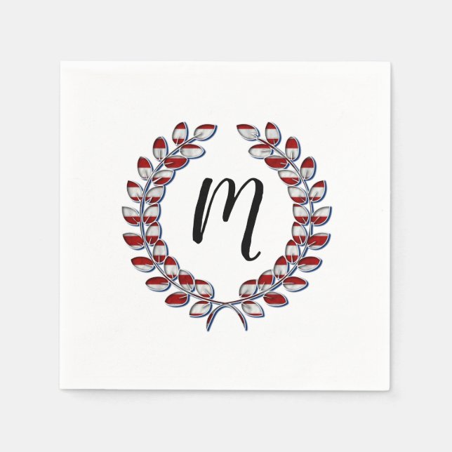 Laurel Wreath Monogrammed Red Striped Pattern Napkin (Front)