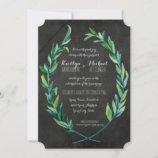 Laurel Wreath Olive Leaf Branch Chalkboard Modern Invitation (Front)