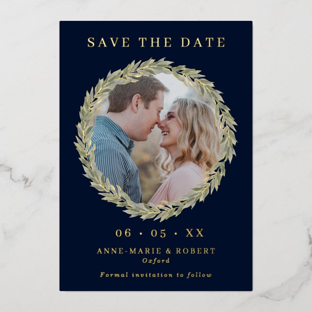Laurel Wreath on Navy Photo Wedding Save the Date (Front)