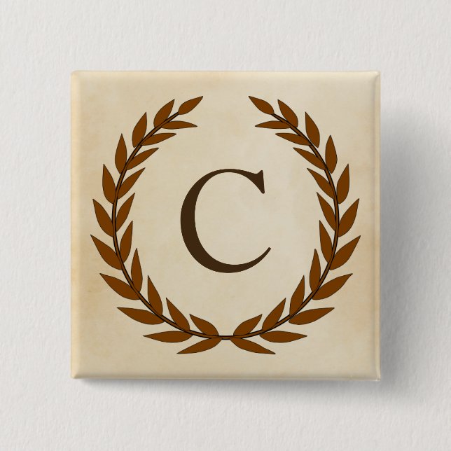 Laurel Wreath on Parchment Monogram Initial C 2 Inch Square Button (Front)