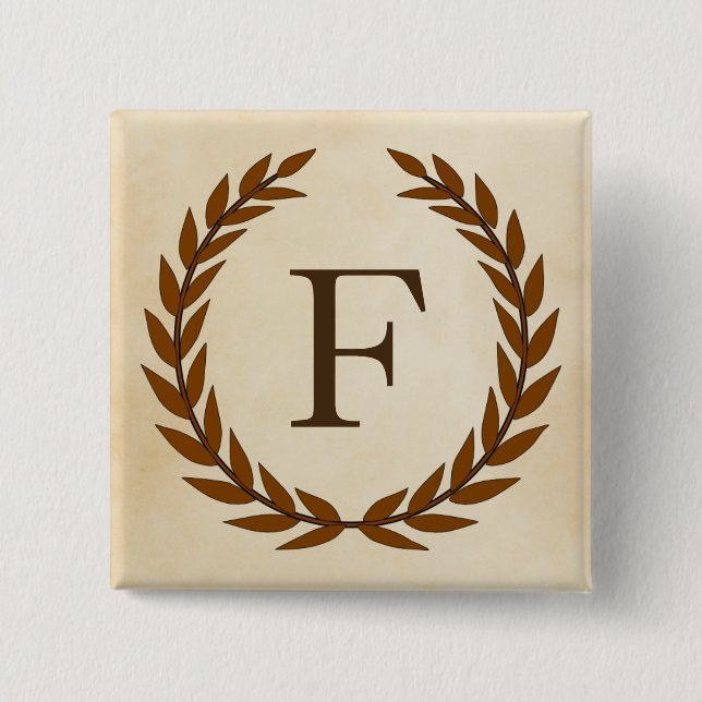 Laurel Wreath on Parchment Monogram Initial F 2 Inch Square Button (Front)