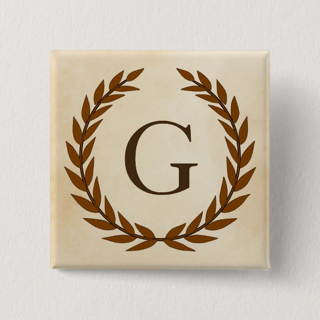 Laurel Wreath on Parchment Monogram Initial G 2 Inch Square Button (Front)