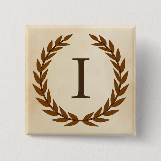 Laurel Wreath on Parchment Monogram Initial I 2 Inch Square Button (Front)