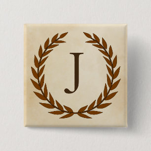 Laurel Wreath on Parchment Monogram Initial J 2 Inch Square Button