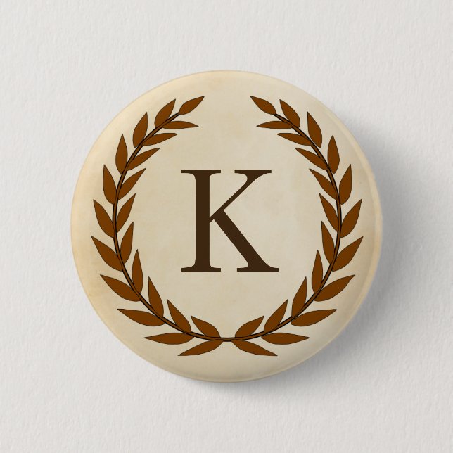 Laurel Wreath on Parchment Monogram Initial K 2 Inch Round Button (Front)