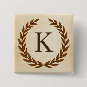 Laurel Wreath on Parchment Monogram Initial K 2 Inch Square Button