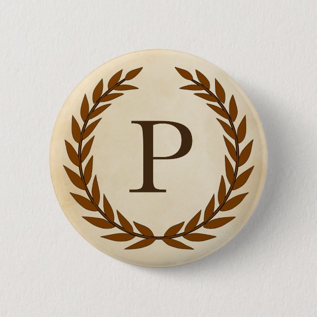 Laurel Wreath on Parchment Monogram Initial P 2 Inch Round Button (Front)