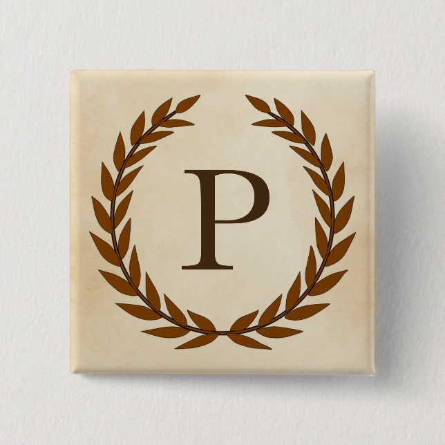 Laurel Wreath on Parchment Monogram Initial P 2 Inch Square Button (Front)
