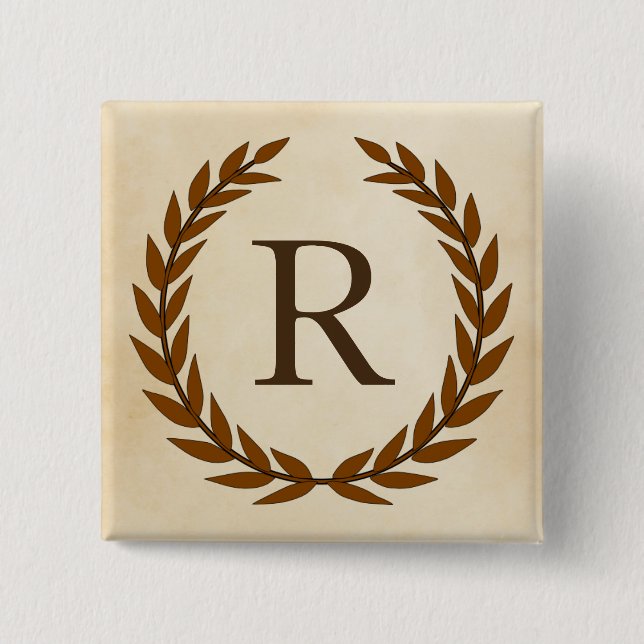 Laurel Wreath on Parchment Monogram Initial R 2 Inch Square Button (Front)