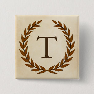 Laurel Wreath on Parchment Monogram Initial T 2 Inch Square Button