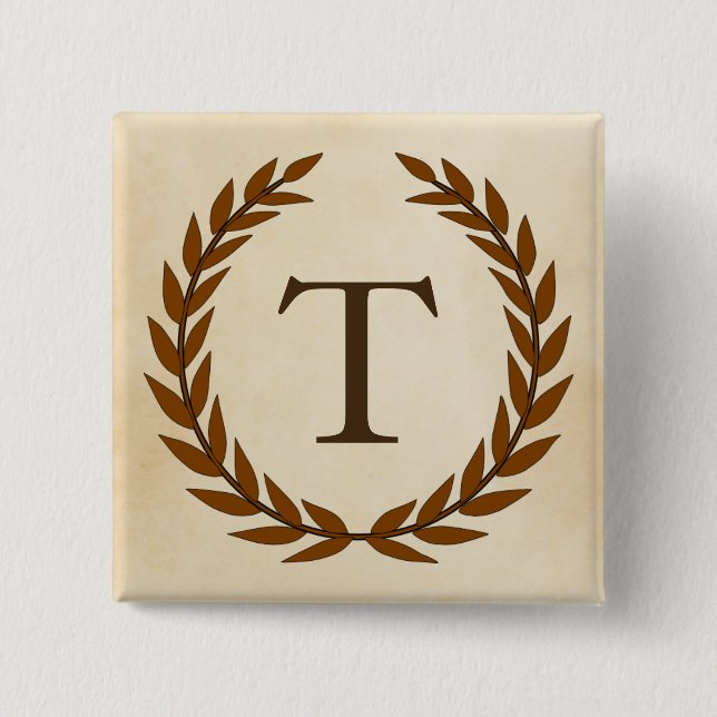 Laurel Wreath on Parchment Monogram Initial T 2 Inch Square Button (Front)