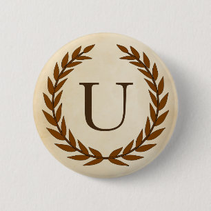 Laurel Wreath on Parchment Monogram Initial U 2 Inch Round Button