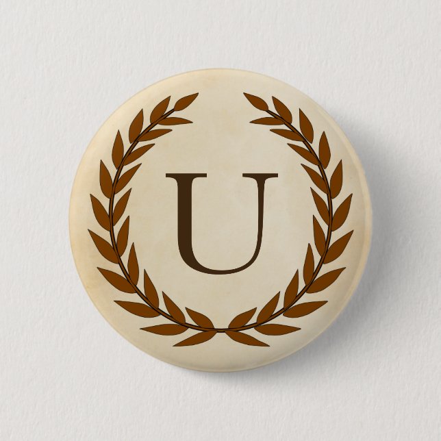 Laurel Wreath on Parchment Monogram Initial U 2 Inch Round Button (Front)