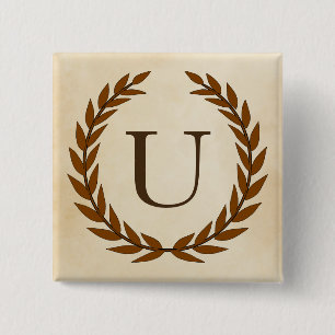 Laurel Wreath on Parchment Monogram Initial U 2 Inch Square Button