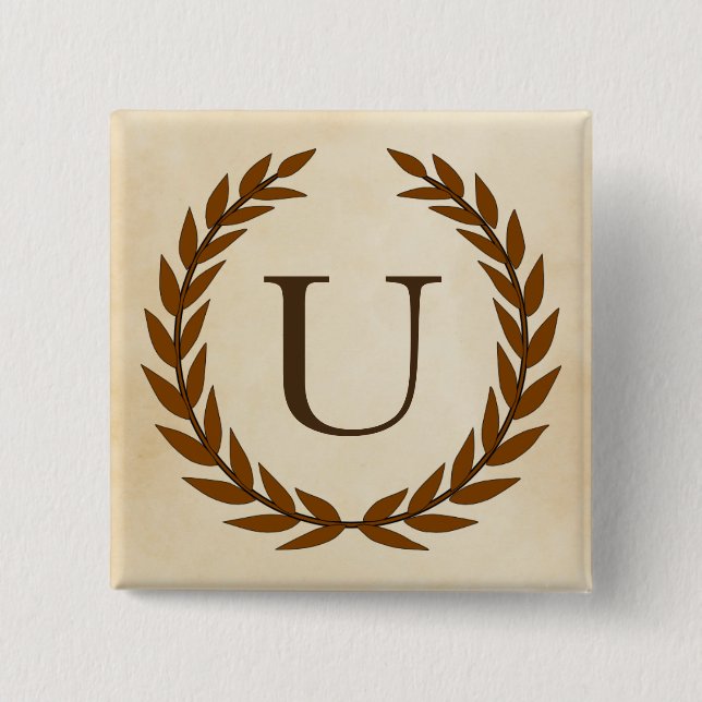 Laurel Wreath on Parchment Monogram Initial U 2 Inch Square Button (Front)