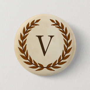 Laurel Wreath on Parchment Monogram Initial V 2 Inch Round Button