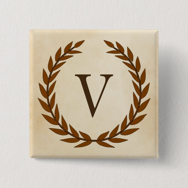 Laurel Wreath on Parchment Monogram Initial V 2 Inch Square Button (Front)
