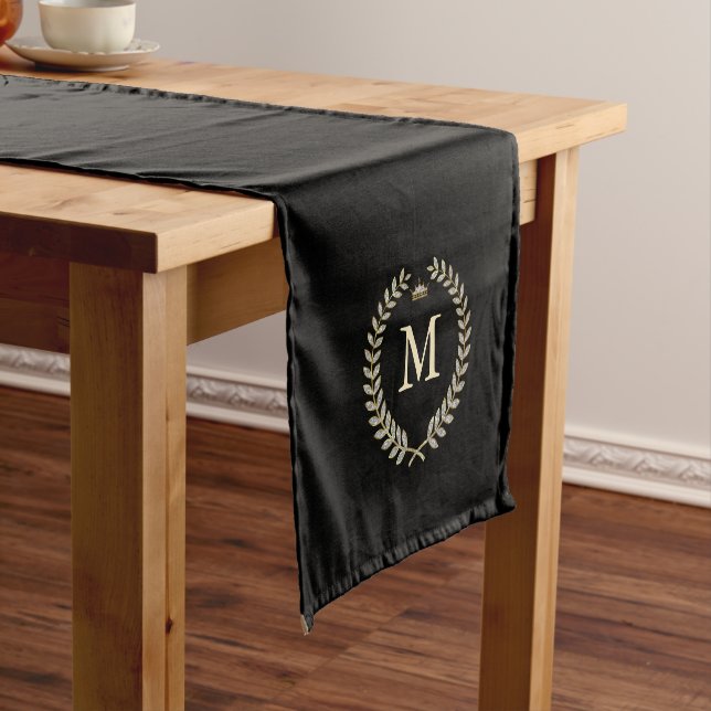 Laurel wreath on simple back background monogram short table runner (In Situ)