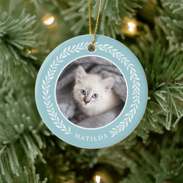 Laurel Wreath Pet Photo Ornement de Noël | Bleu (Arbre)