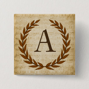Laurel Wreath Sheet Music Monogram Initial A 2 Inch Square Button