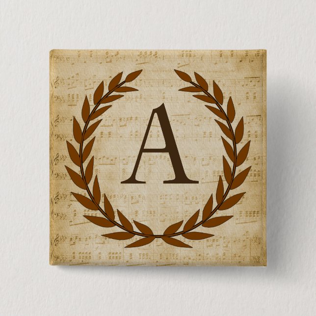 Laurel Wreath Sheet Music Monogram Initial A 2 Inch Square Button (Front)