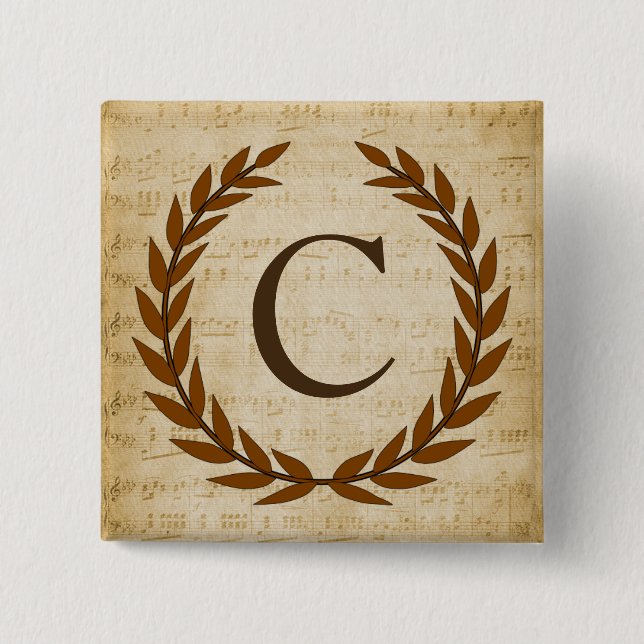 Laurel Wreath Sheet Music Monogram Initial C 2 Inch Square Button (Front)