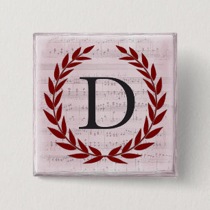 Laurel Wreath Sheet Music Monogram Initial D 2 Inch Square Button