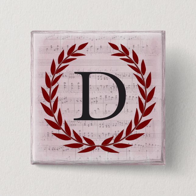 Laurel Wreath Sheet Music Monogram Initial D 2 Inch Square Button (Front)