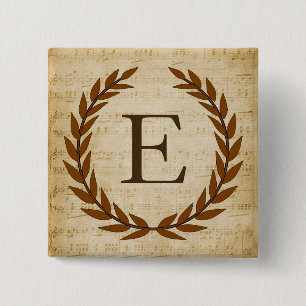 Laurel Wreath Sheet Music Monogram Initial E 2 Inch Square Button