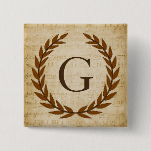 Laurel Wreath Sheet Music Monogram Initial G 2 Inch Square Button