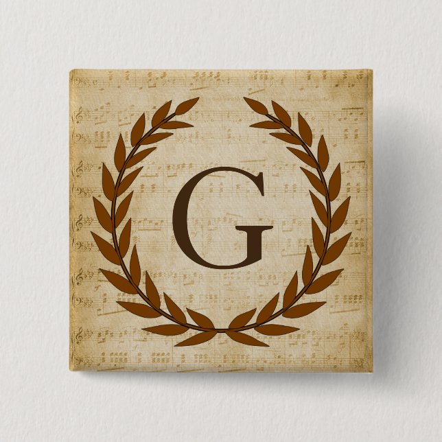 Laurel Wreath Sheet Music Monogram Initial G 2 Inch Square Button (Front)