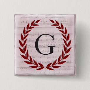 Laurel Wreath Sheet Music Monogram Initial G 2 Inch Square Button