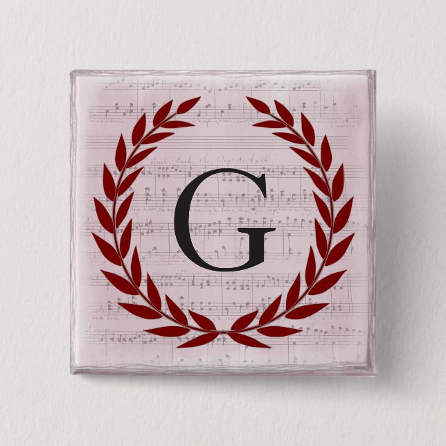 Laurel Wreath Sheet Music Monogram Initial G 2 Inch Square Button (Front)