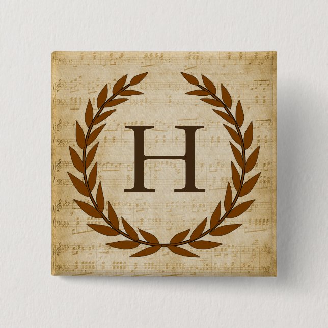 Laurel Wreath Sheet Music Monogram Initial H 2 Inch Square Button (Front)