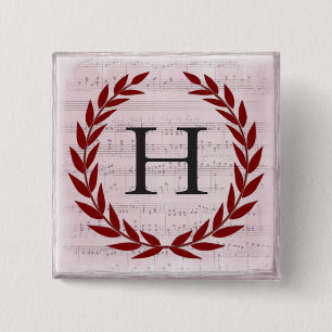 Laurel Wreath Sheet Music Monogram Initial H 2 Inch Square Button