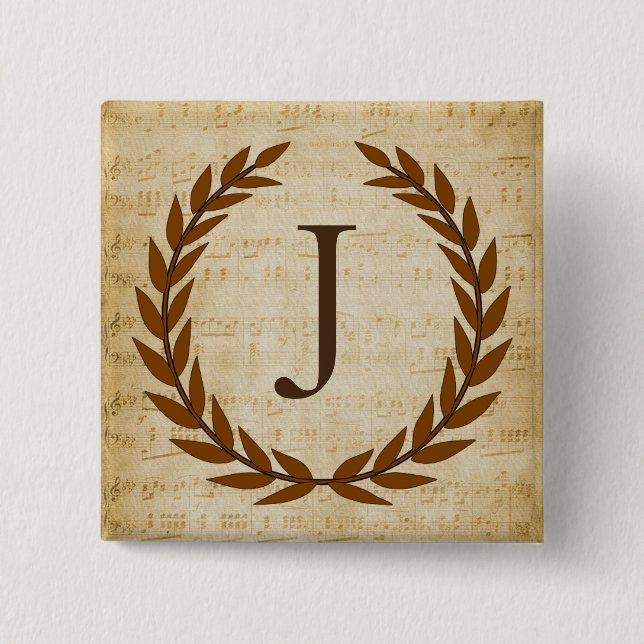 Laurel Wreath Sheet Music Monogram Initial J 2 Inch Square Button (Front)
