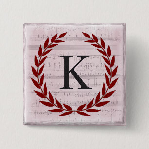 Laurel Wreath Sheet Music Monogram Initial K 2 Inch Square Button
