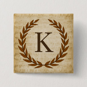 Laurel Wreath Sheet Music Monogram Initial K 2 Inch Square Button
