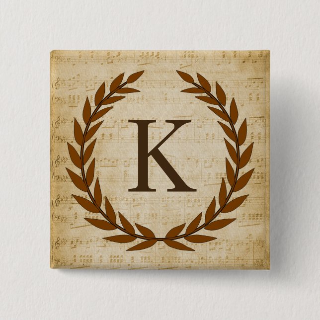 Laurel Wreath Sheet Music Monogram Initial K 2 Inch Square Button (Front)