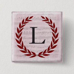 Laurel Wreath Sheet Music Monogram Initial L 2 Inch Square Button