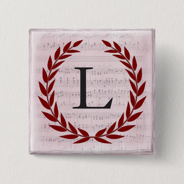 Laurel Wreath Sheet Music Monogram Initial L 2 Inch Square Button (Front)