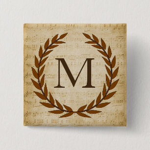 Laurel Wreath Sheet Music Monogram Initial M 2 Inch Square Button