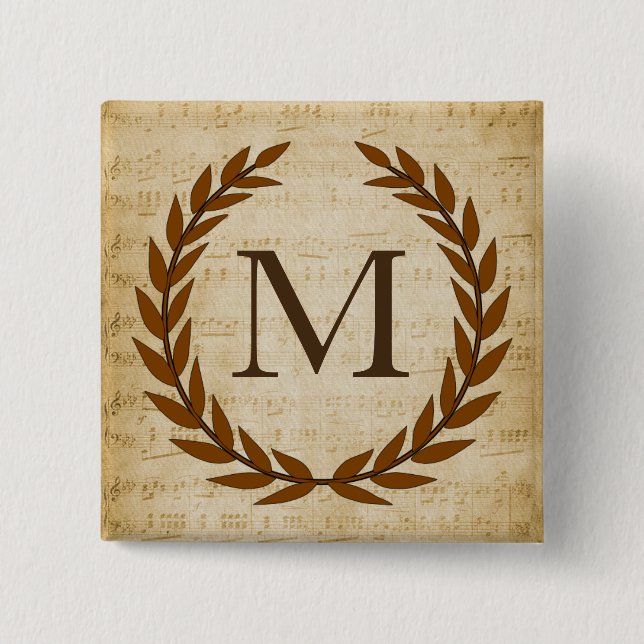 Laurel Wreath Sheet Music Monogram Initial M 2 Inch Square Button (Front)