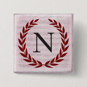 Laurel Wreath Sheet Music Monogram Initial N 2 Inch Square Button