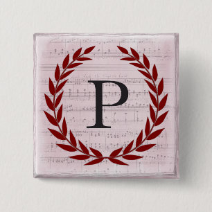 Laurel Wreath Sheet Music Monogram Initial P 2 Inch Square Button
