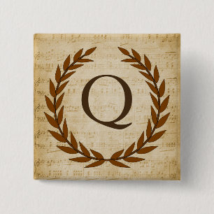 Laurel Wreath Sheet Music Monogram Initial Q 2 Inch Square Button