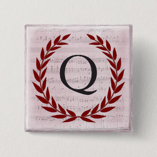 Laurel Wreath Sheet Music Monogram Initial Q 2 Inch Square Button